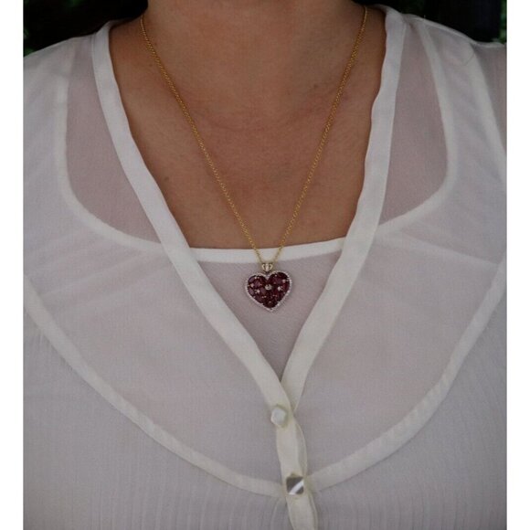 Gold Over Sterling Silver Simulated Ruby & White Topaz Heart Necklace 20" to 22" - Picture 4 of 7